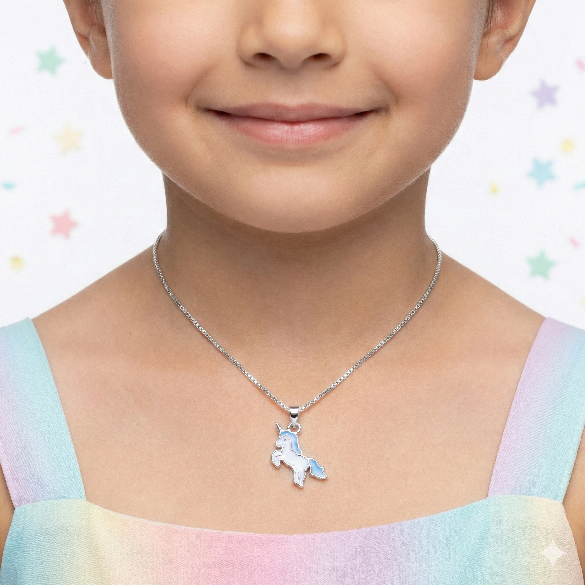 Silver Blue Unicorn Kids Necklace