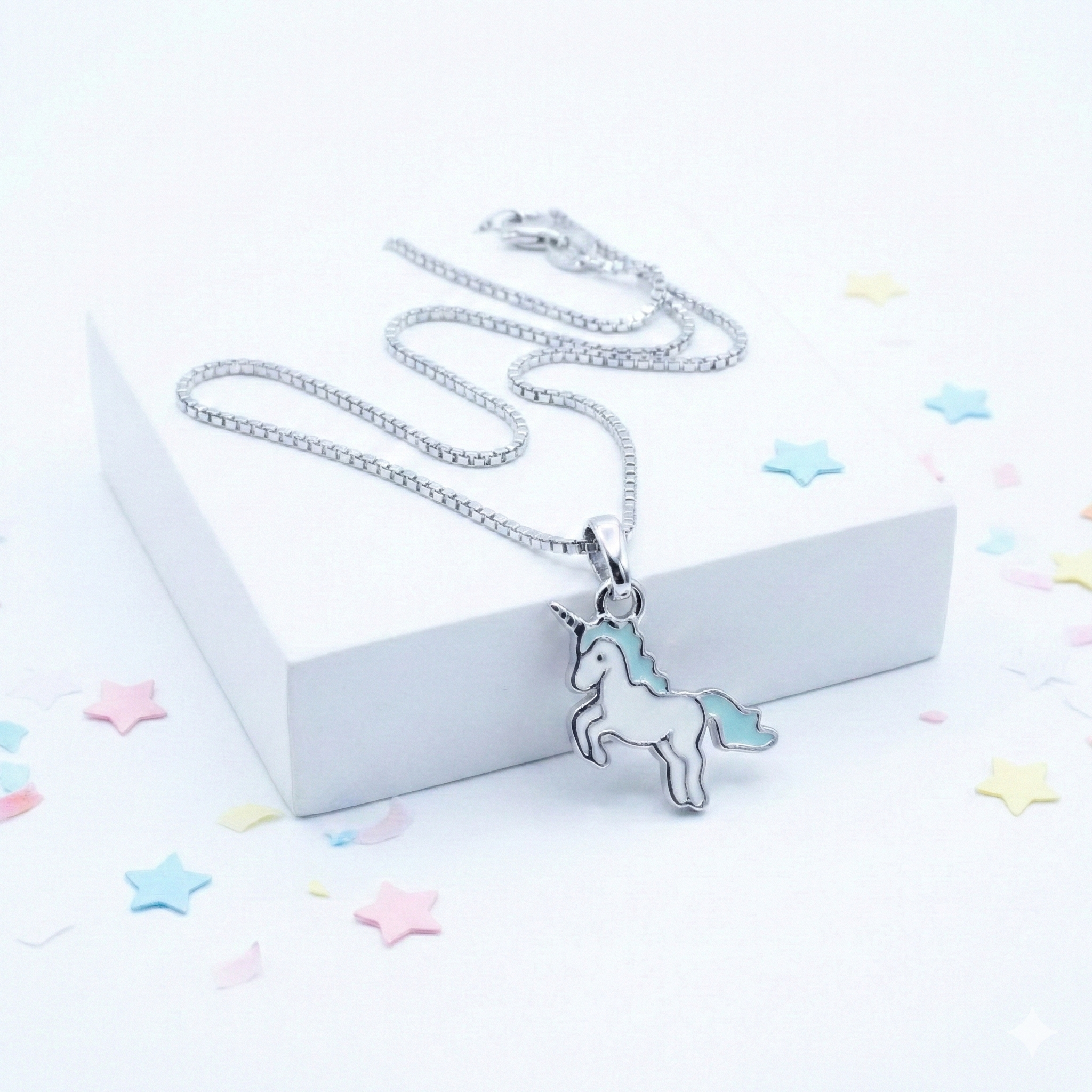 Silver Lightgreen Unicorn Kids Necklace