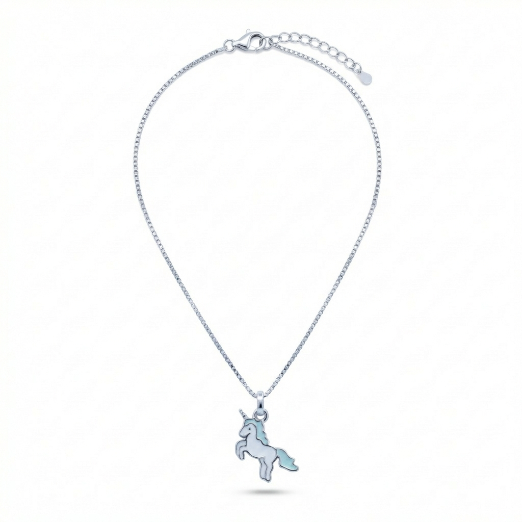Silver Lightgreen Unicorn Kids Necklace