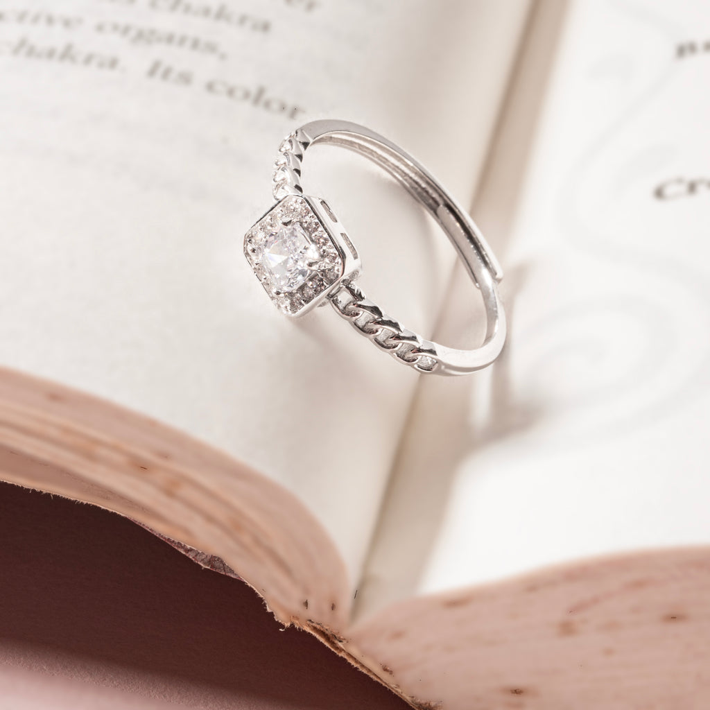 Adjustable Silver Square Solitaire Engagement Ring