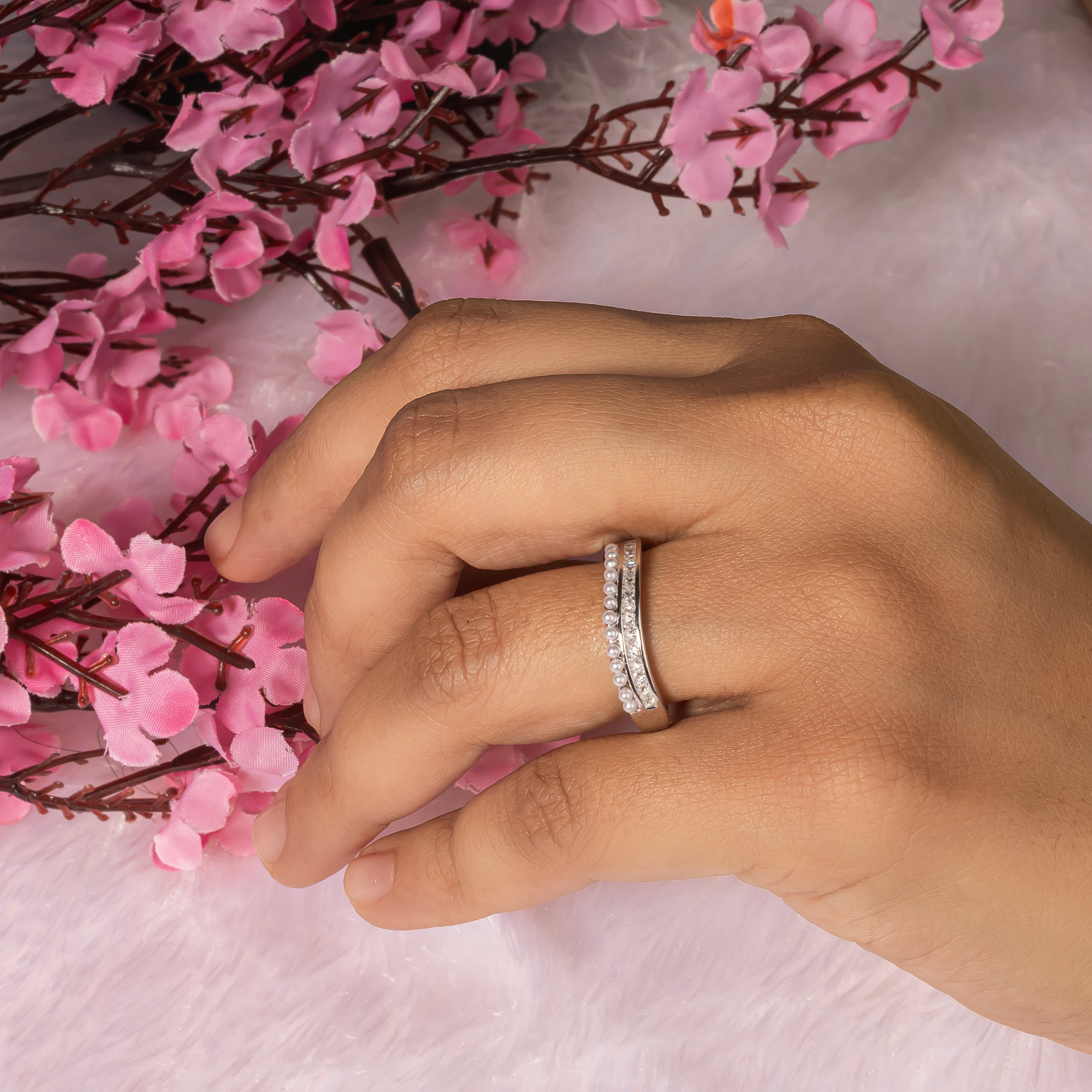 Pearl Choki Studded Silver Adjustable Ring
