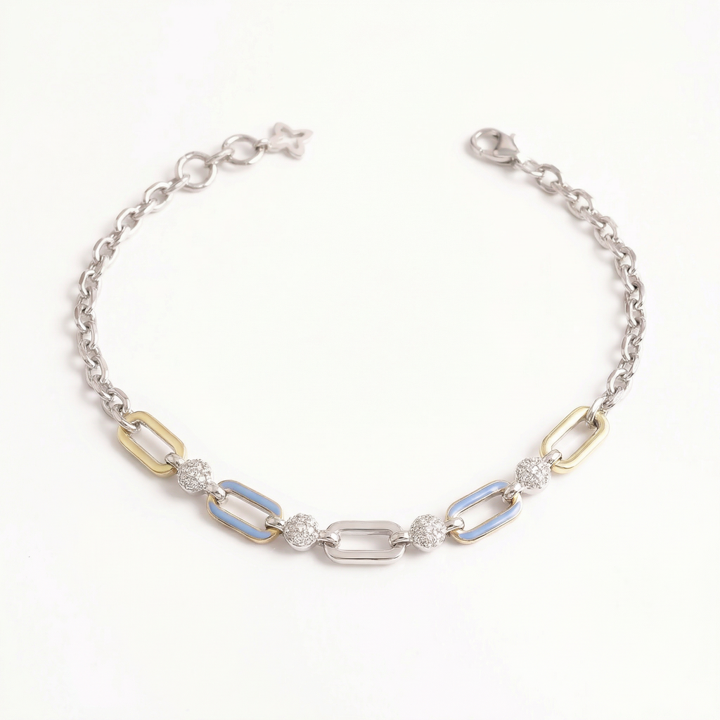 Blue White Chained Enamel Silver Bracelet