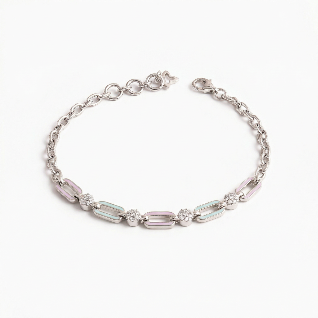 Turquoise Lavender Chained Enamel Silver Bracelet