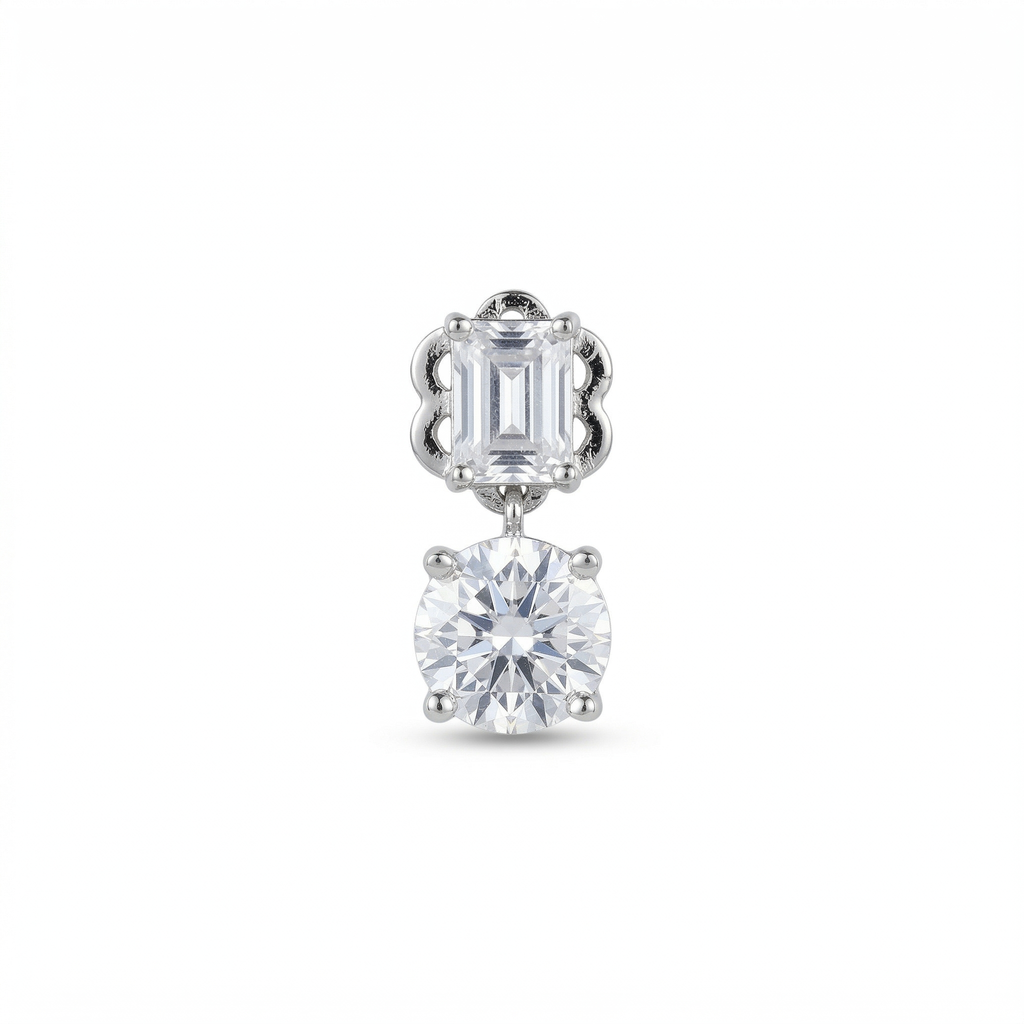Silver solitaire round and rectangle stud earrings