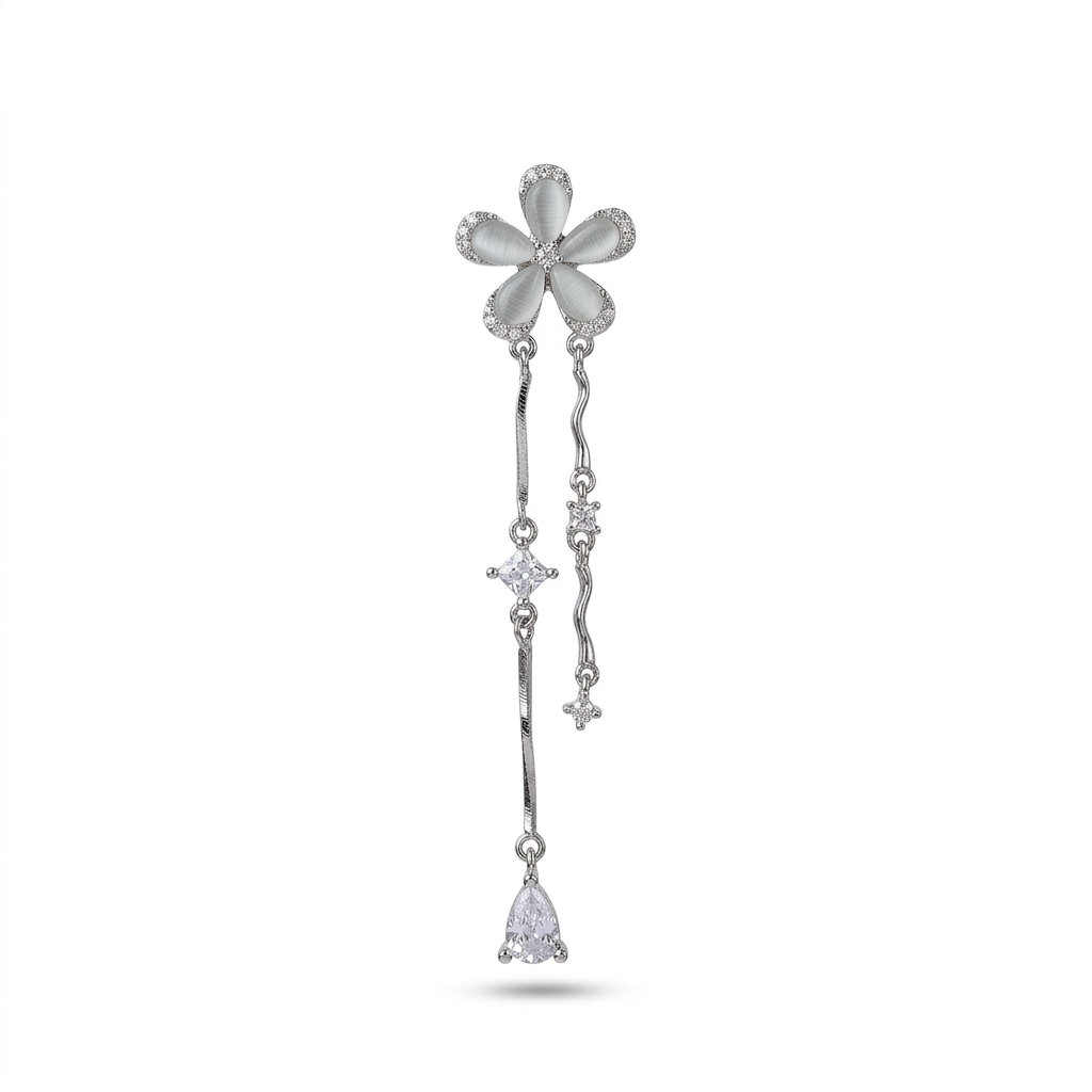Silver flower designer danglers earrings