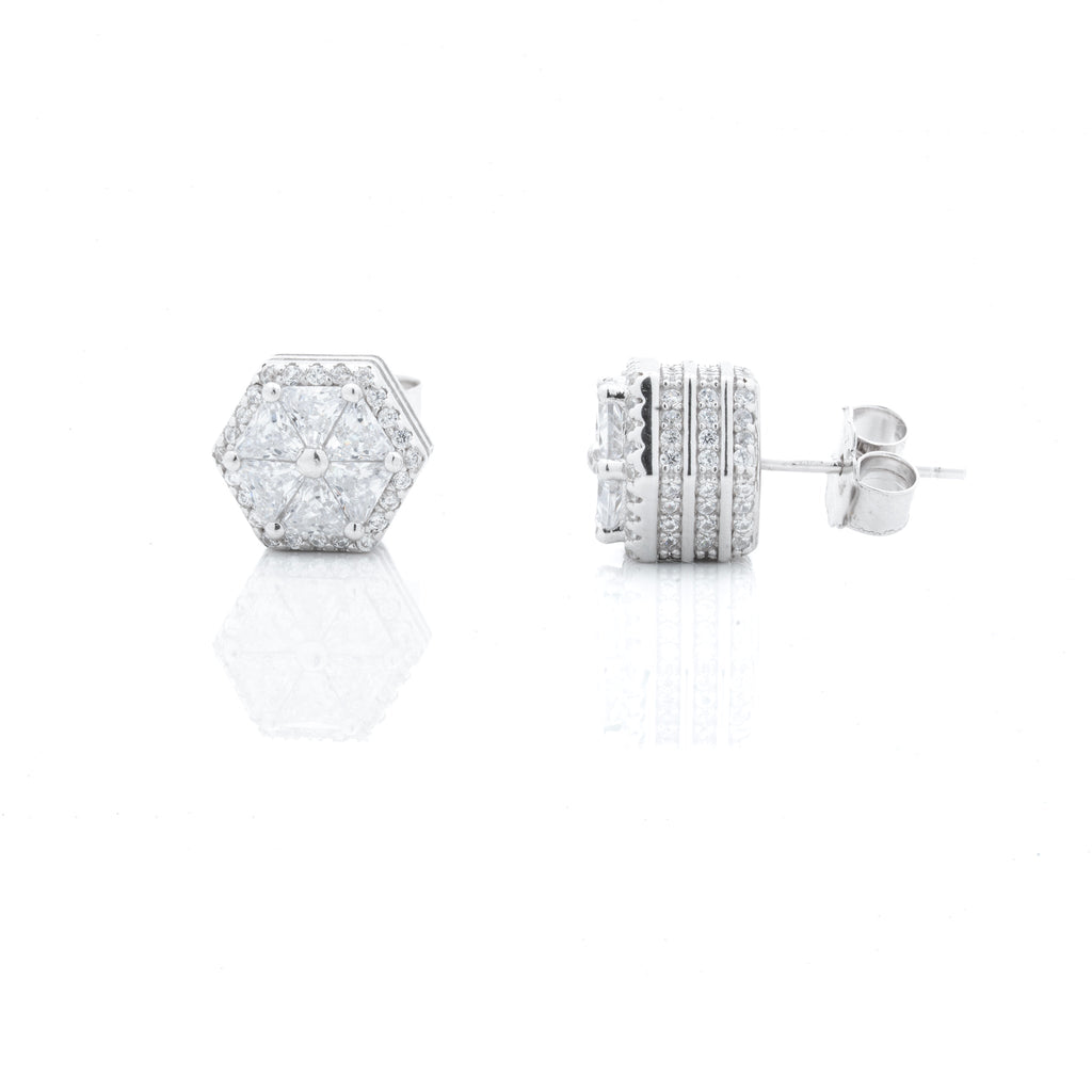 Silver White Crystal Hex Earrings