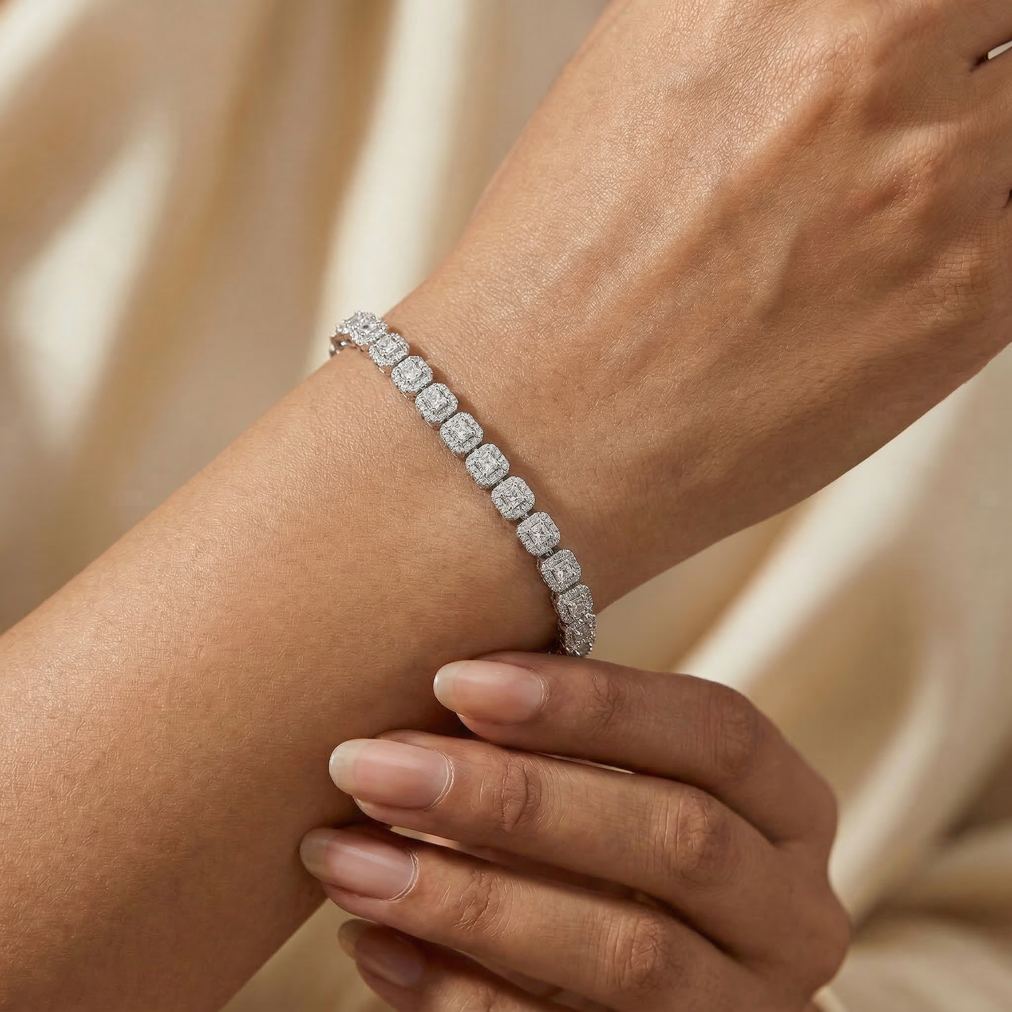 Silver Diamond Round Rectangle Tennis Bracelet