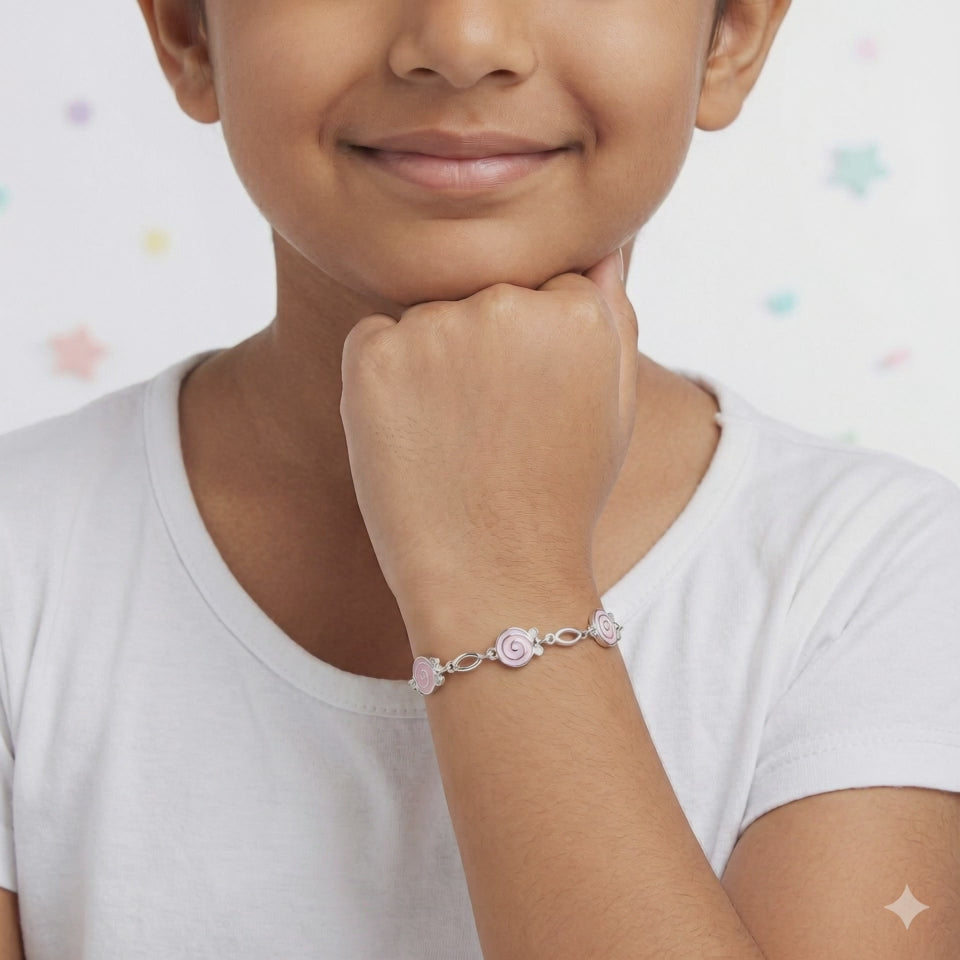 Silver Pink Enamel Kids Bracelet