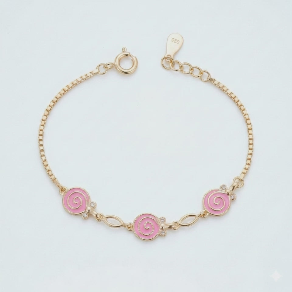 Silver Pink Enamel Kids Bracelet Gold Plated