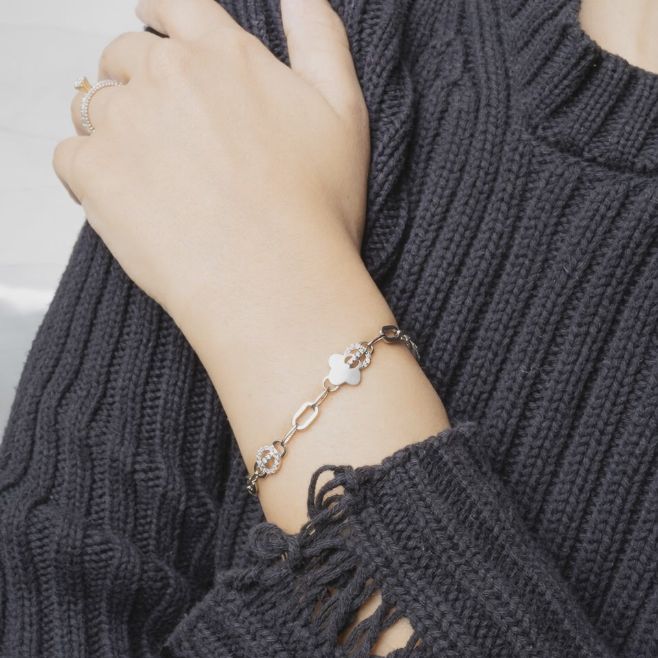Floral Matt Silver Chained Bracelet