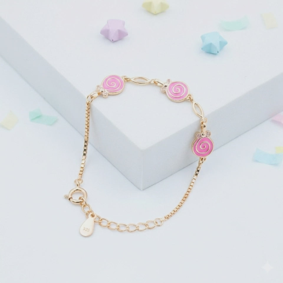 Silver Pink Enamel Kids Bracelet Gold Plated
