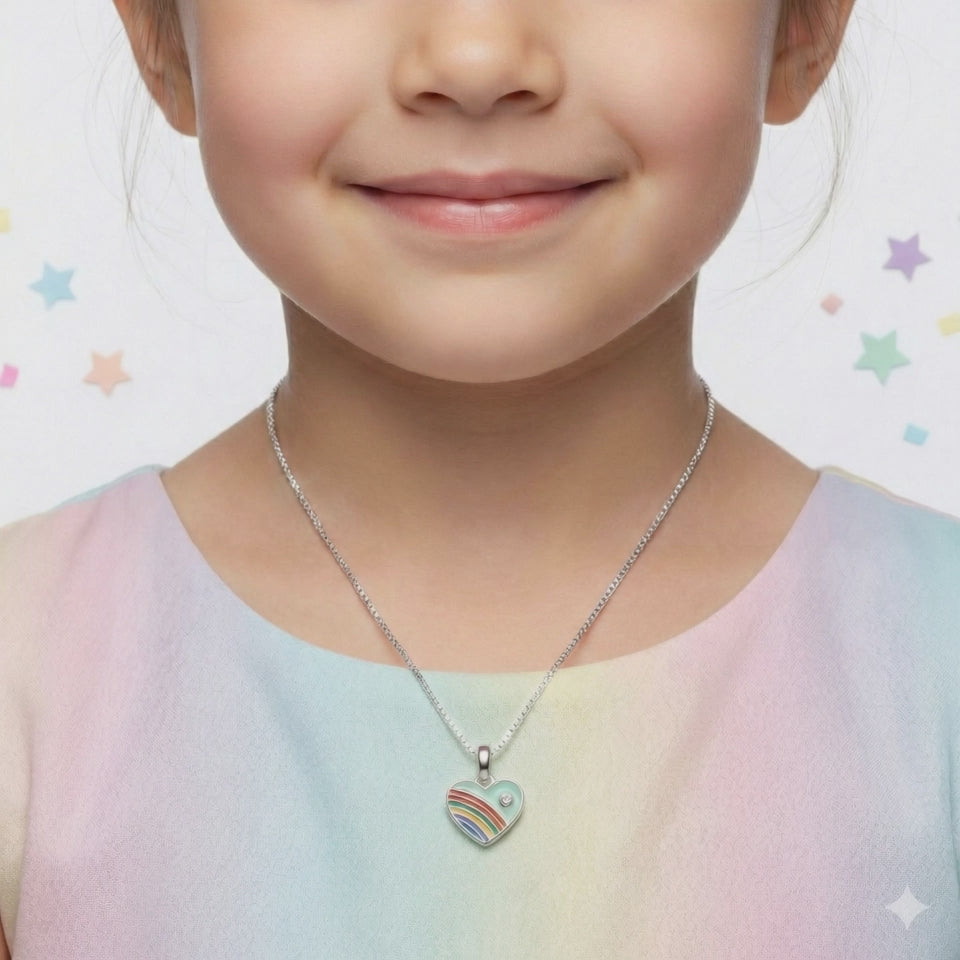 Silver Green Enamle Heart Kids Necklace