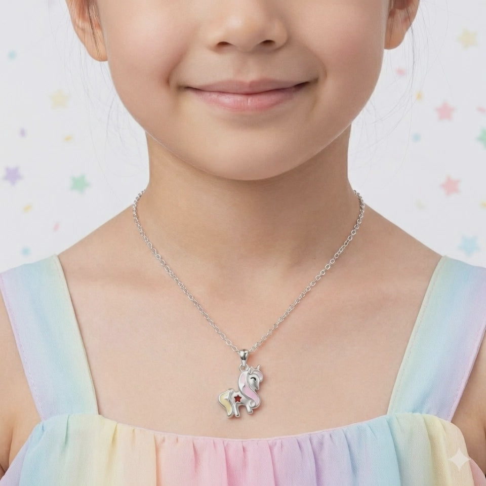 Silver Pink Yellow Unicorn Kids Necklace