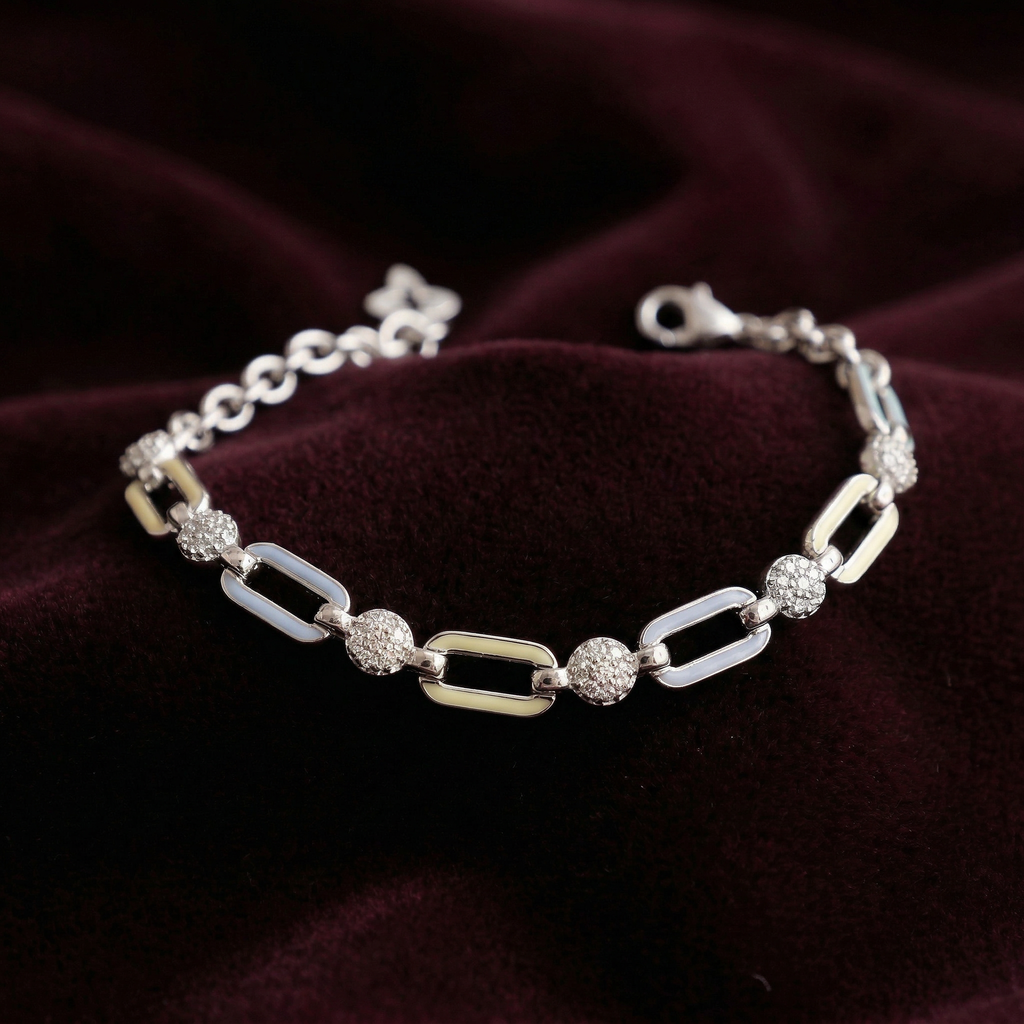 Blue White Chained Enamel Silver Bracelet