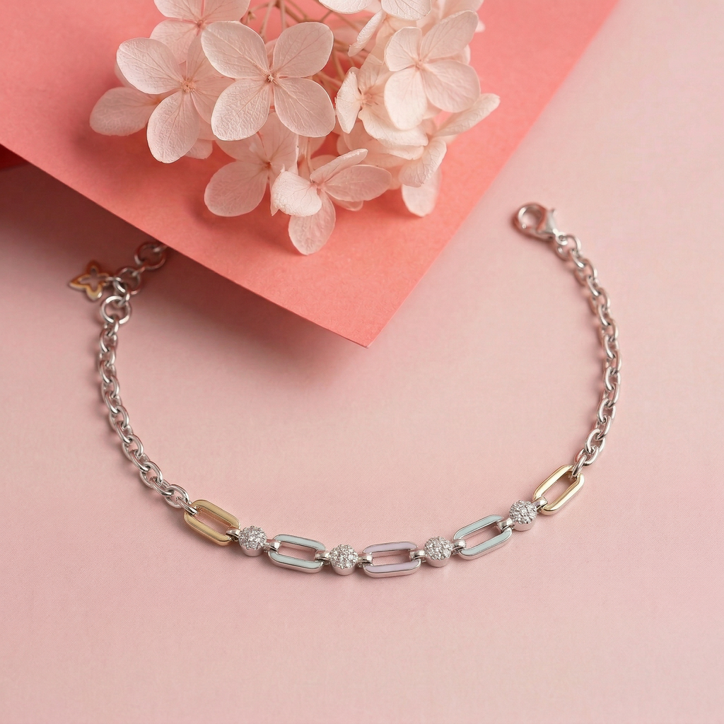 Blue White Chained Enamel Silver Bracelet
