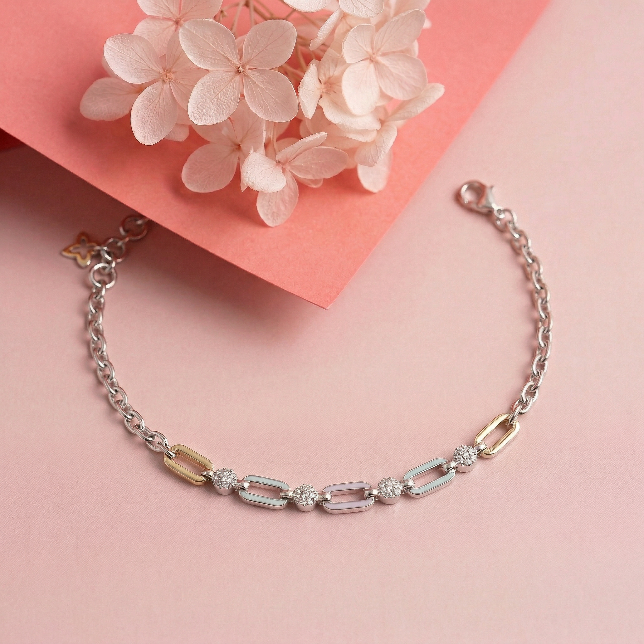 Blue White Chained Enamel Silver Bracelet