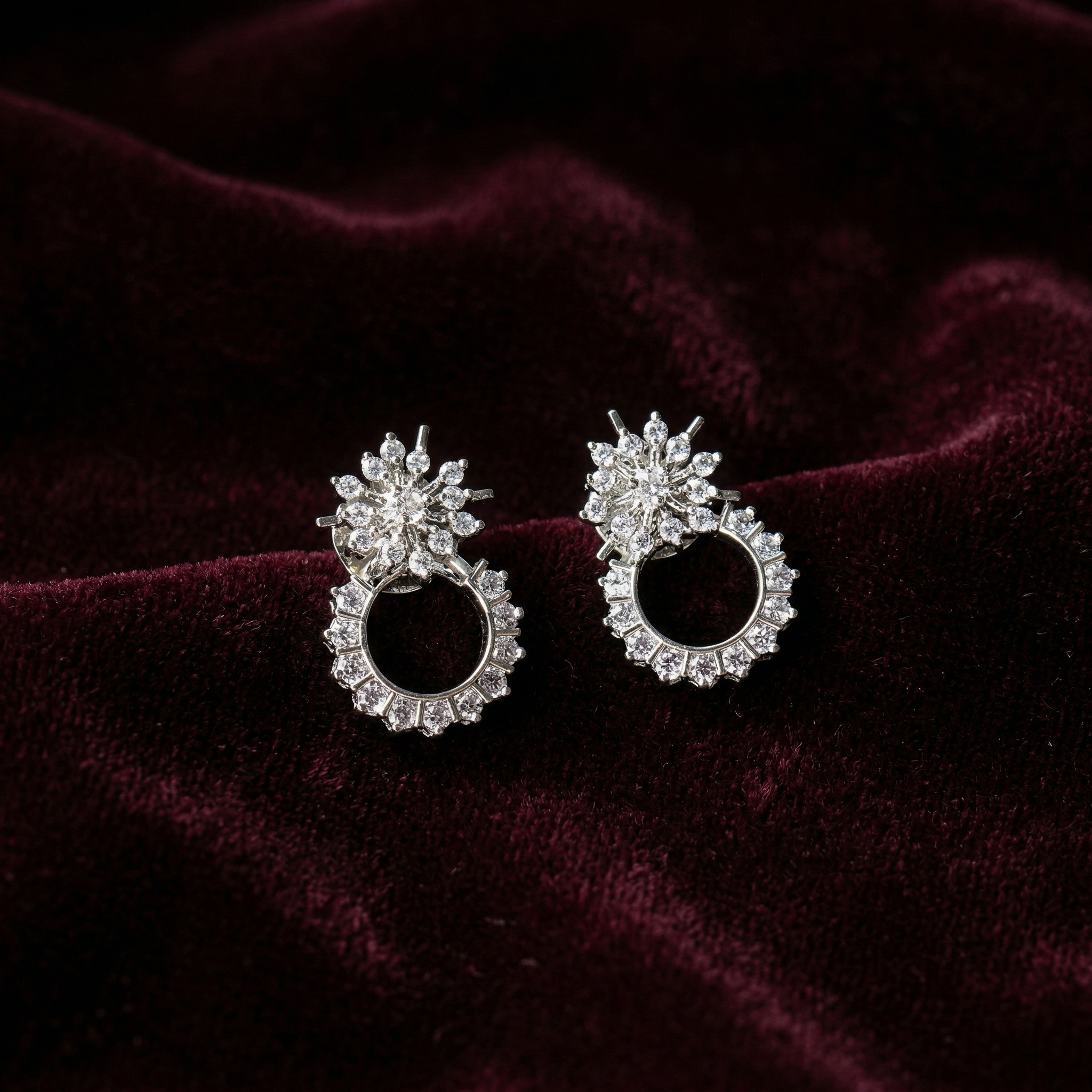 Silver diamond studded sunflower earrings