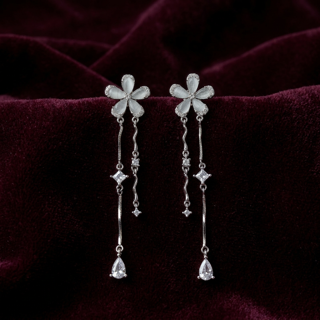 Silver flower designer danglers earrings
