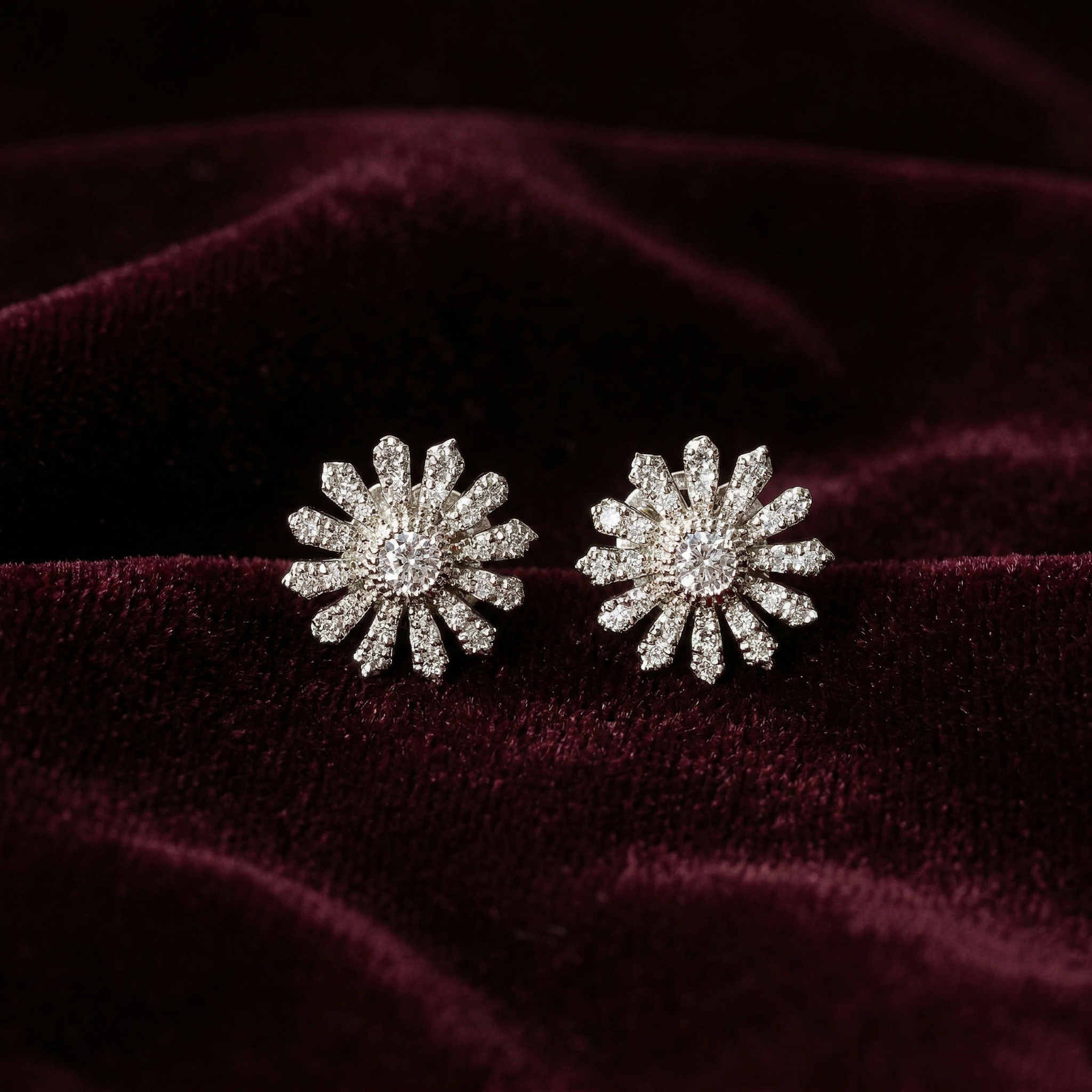 Silver flower shape round earrings
