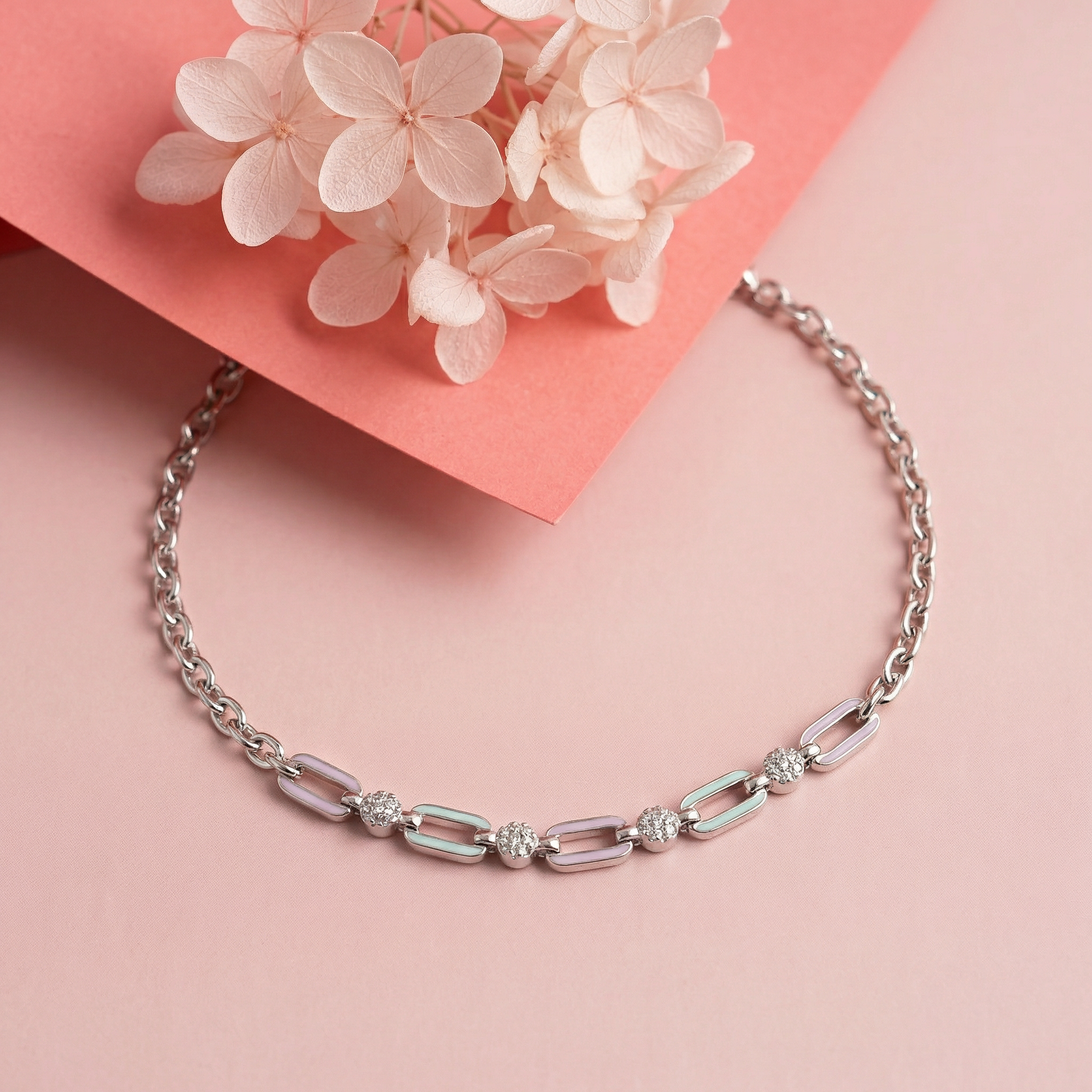 Turquoise Lavender Chained Enamel Silver Bracelet