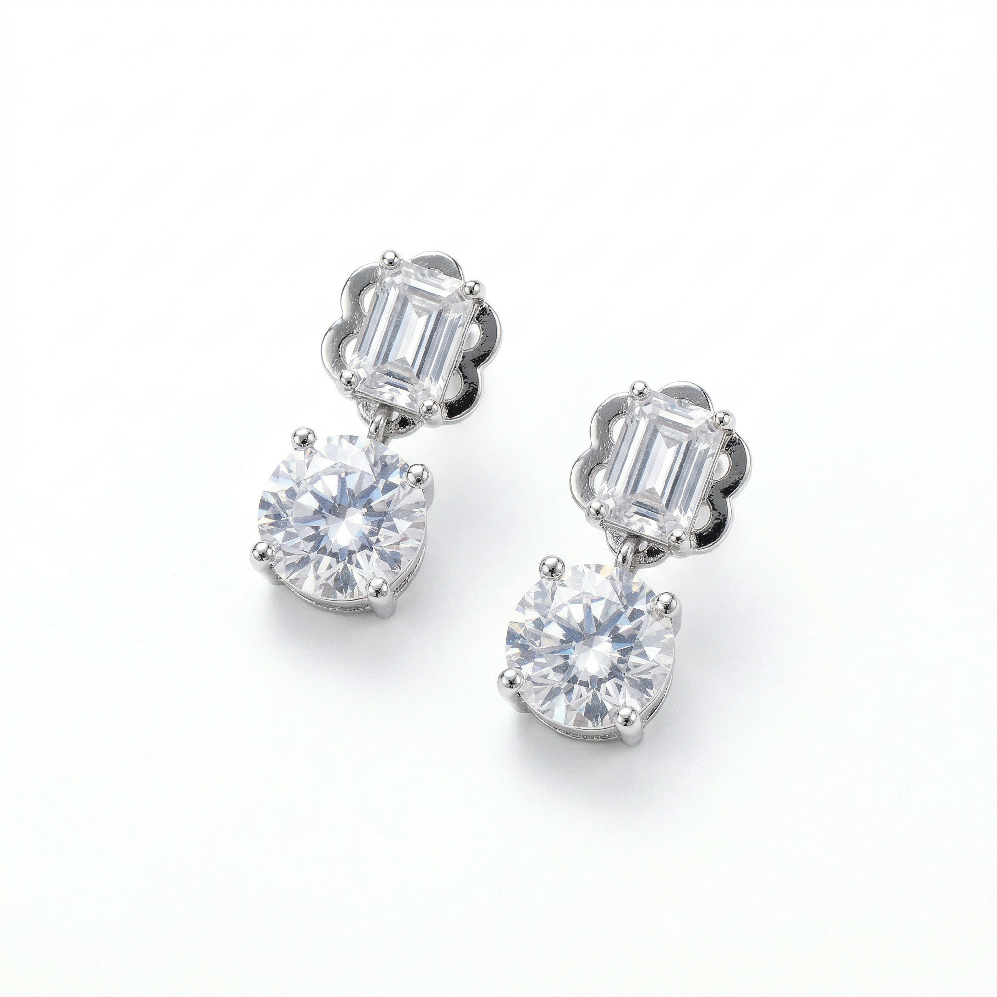 Silver solitaire round and rectangle stud earrings