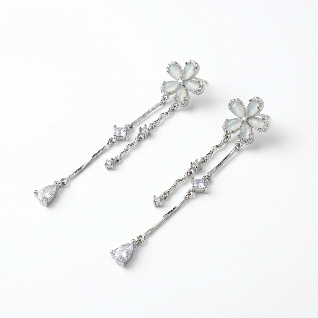 Silver flower designer danglers earrings